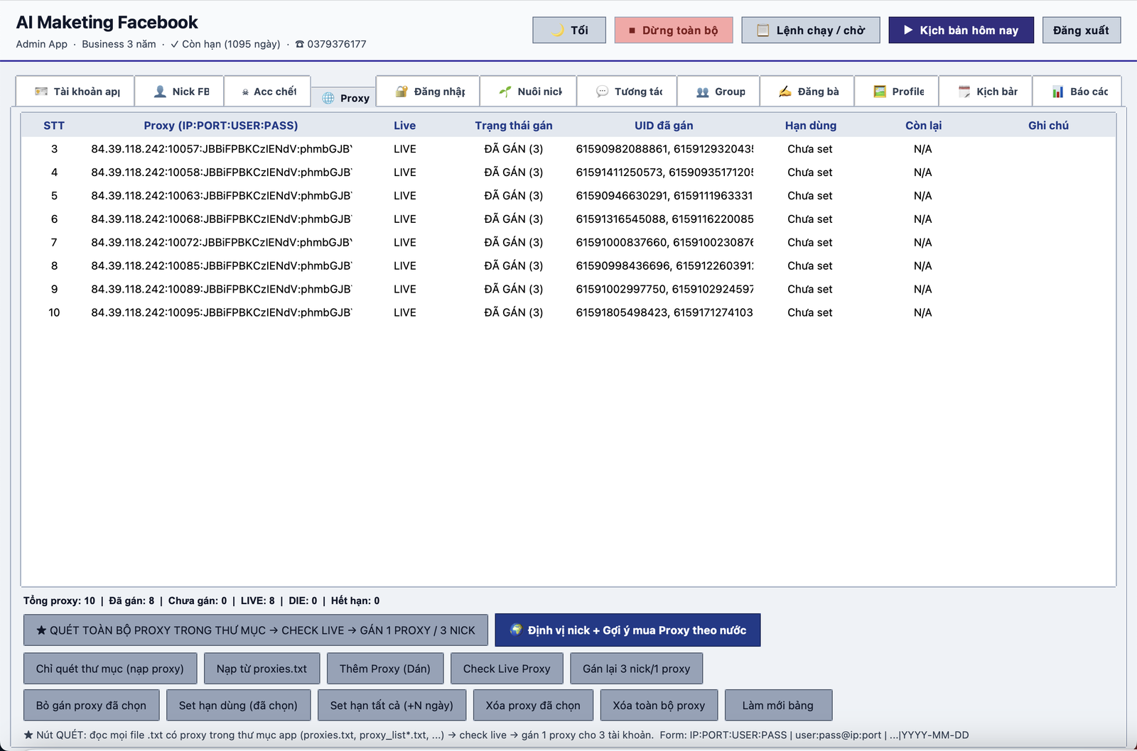 Tab quản lý proxy trong AI Maketing Facebook