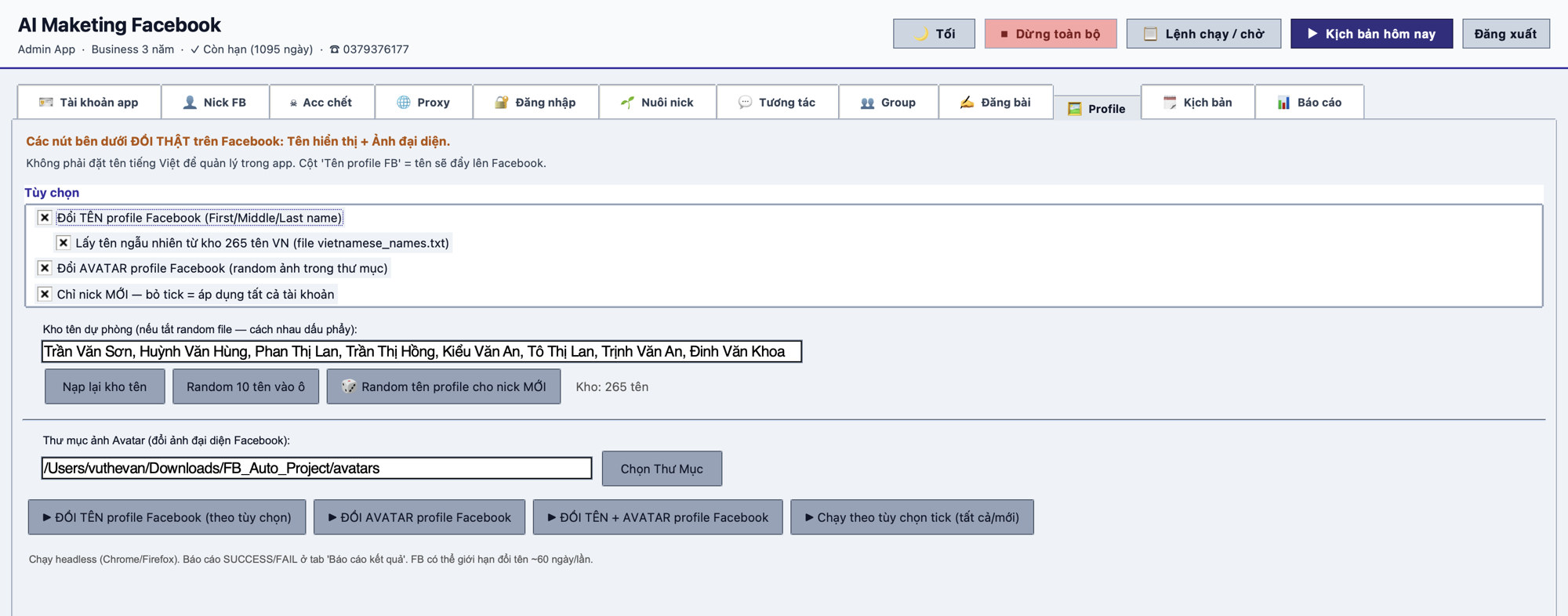Tab profile / tài khoản phần mềm AI Maketing
