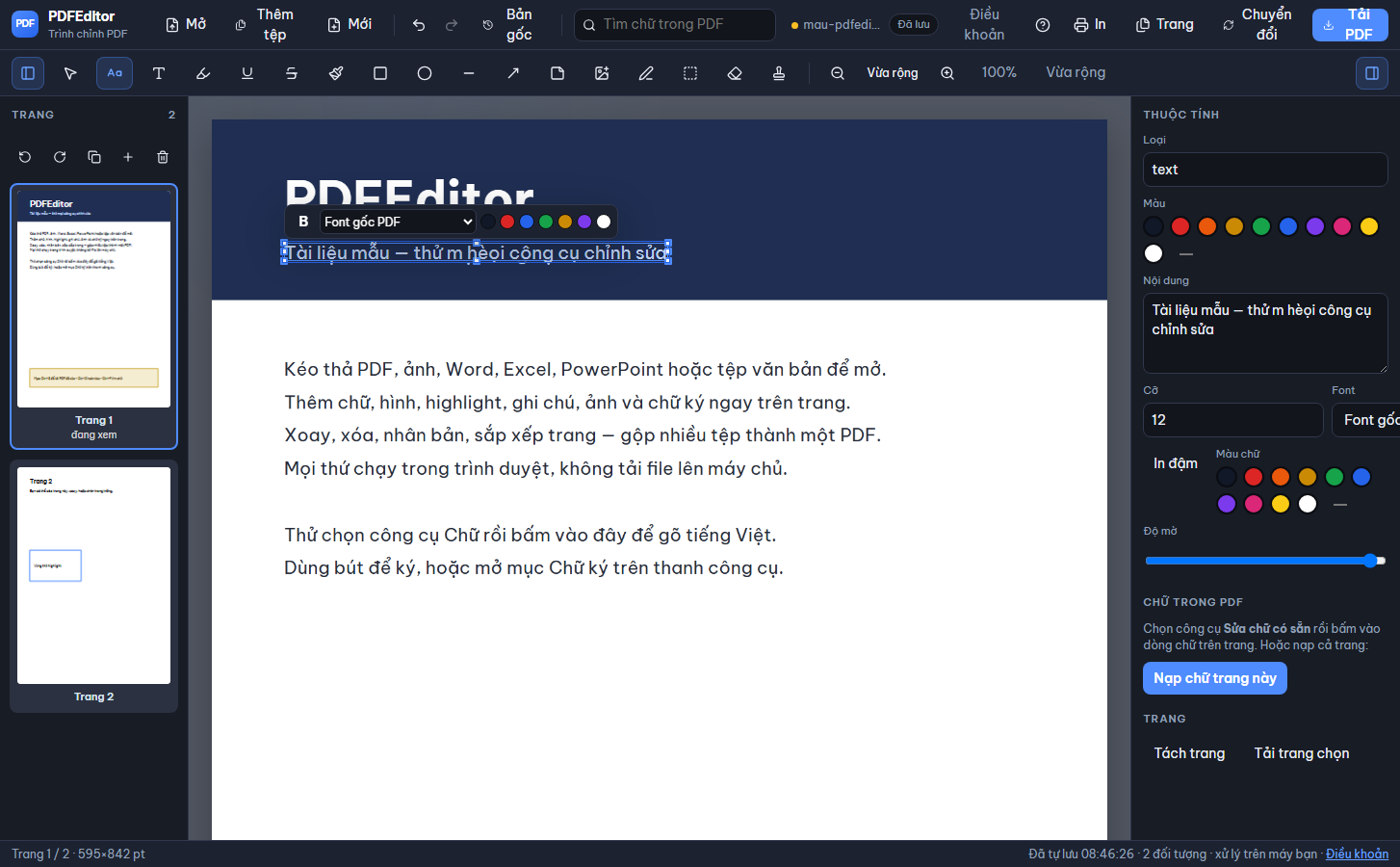Sửa chữ tiếng Việt trực tiếp trên trang PDF trong PDFEditor