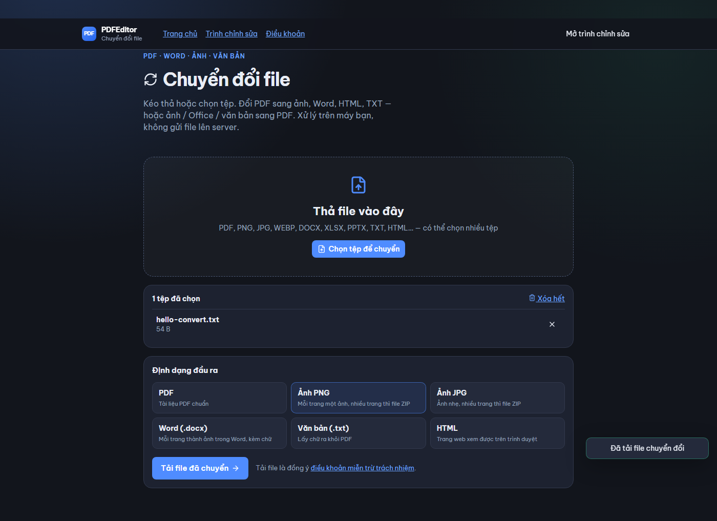 Trang chuyển đổi PDF, Word, ảnh trên PDFEditor