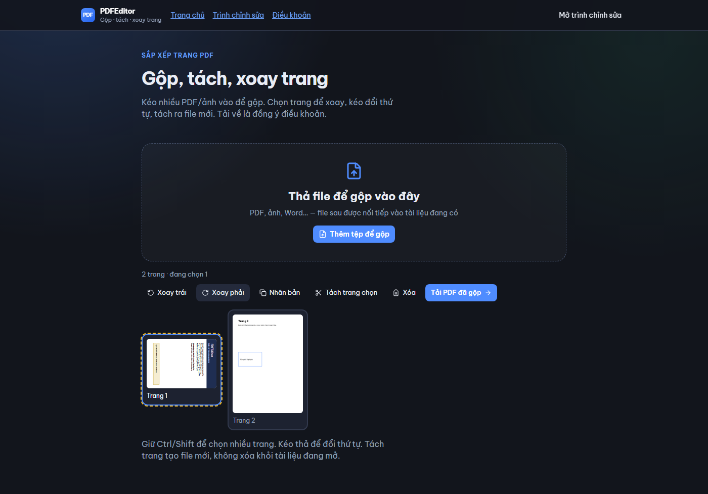 Gộp, tách, xoay trang PDF trên PDFEditor